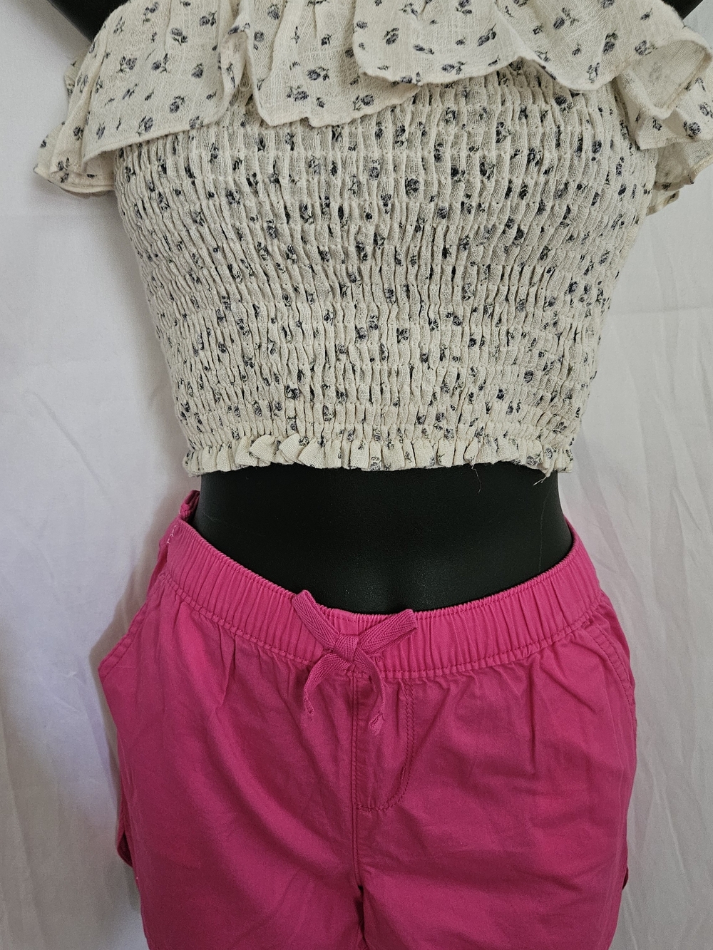 Olivaceous Cream Smocked Floral Crop Top
